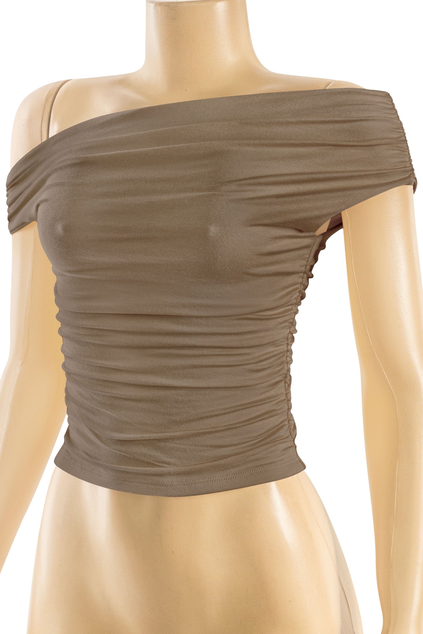 ANNIE-ASYMMETRICAL OFF SHOULDER RUCHED CROP TOP-