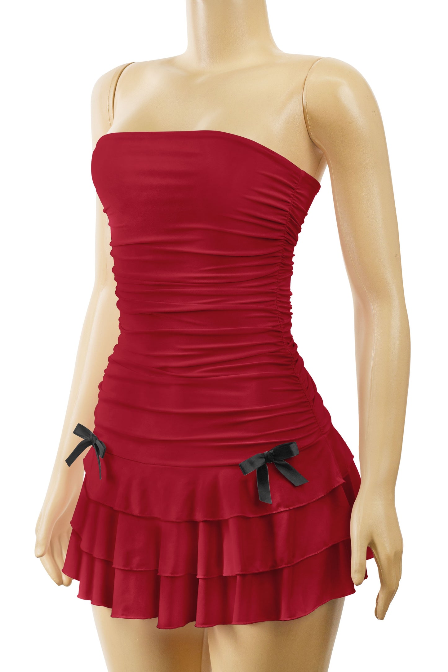 Strapless Ruched Ruffle Dress w/ side ribbons