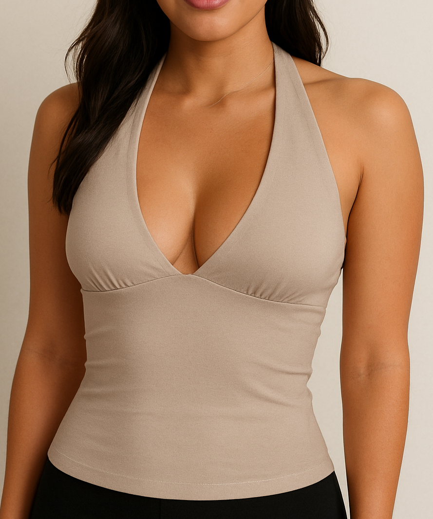 ALEXA -SLEEVELESS HALTER OPEN BACK CROP TOP-TAUPE