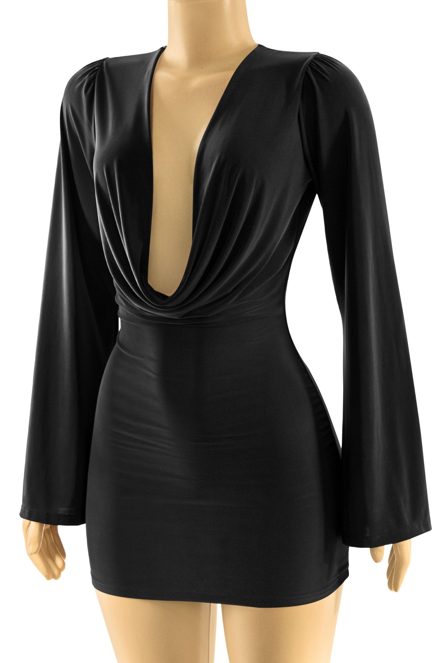 Women Long sleeve cowl plunge neck mini sexy dress